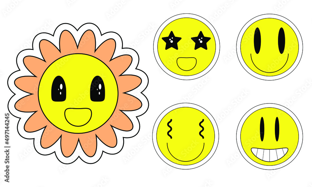 Retro stile emoji flower faces set vector illustration