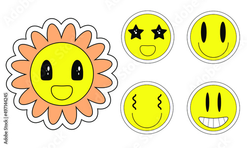Retro stile emoji flower faces set vector illustration