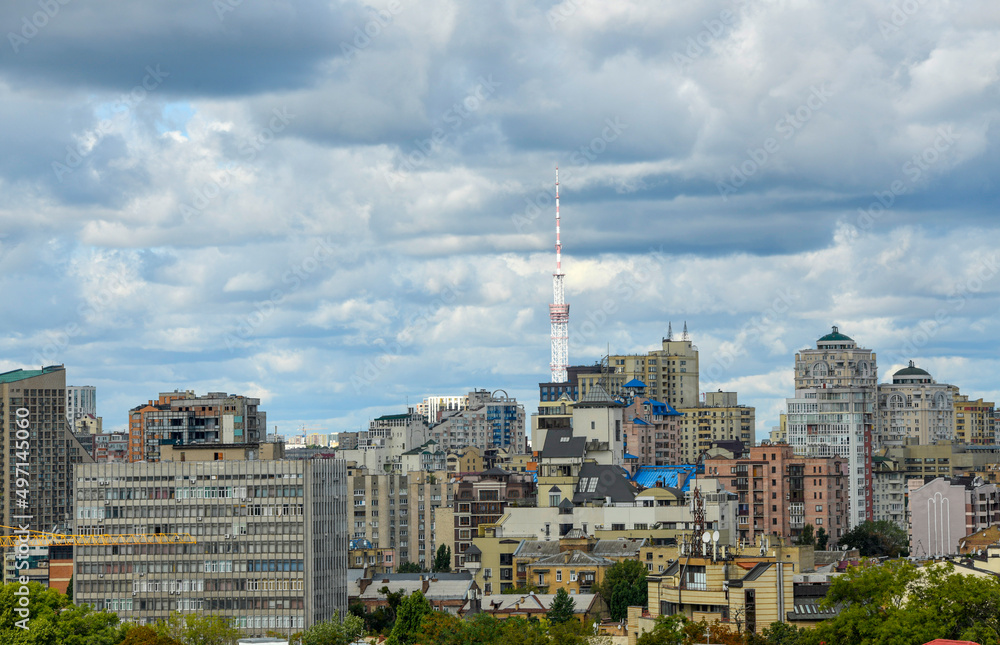 panoramic view of the center of modern Kyiv before a thunderstorm from the top view towards the TV tower