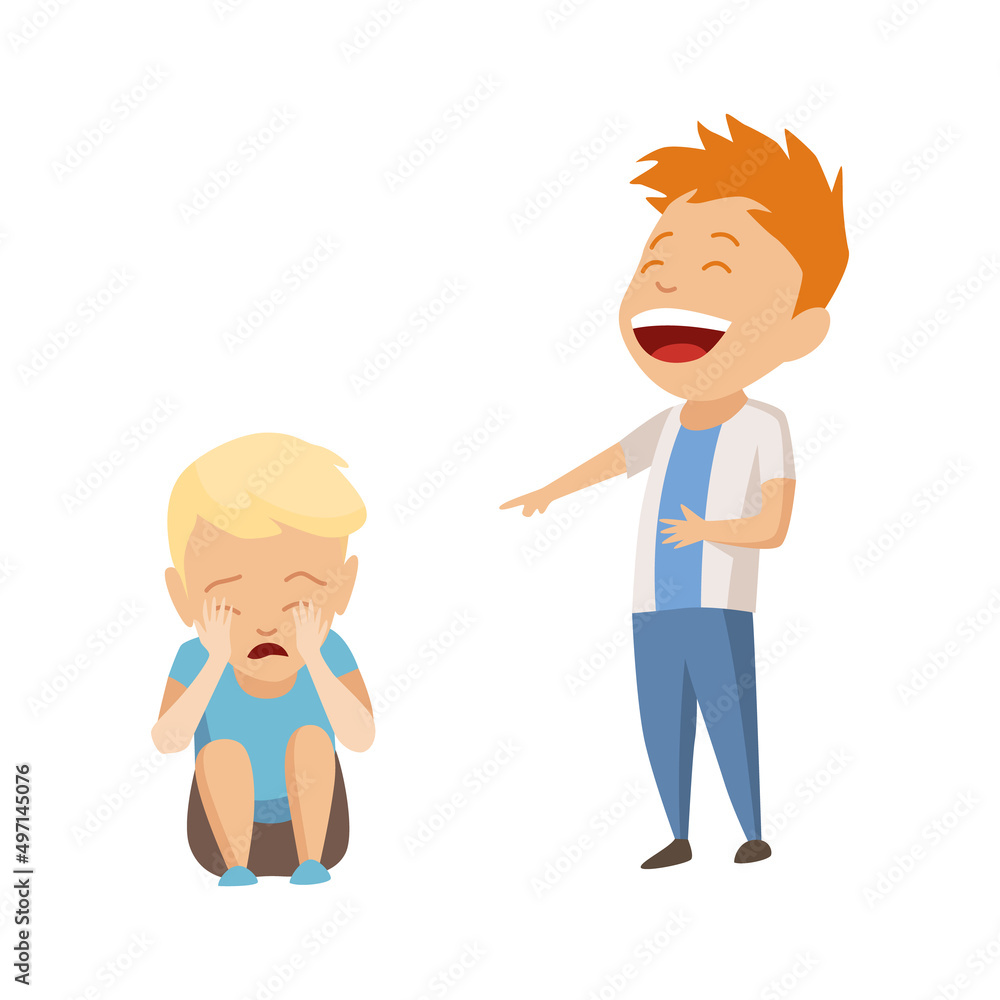 Kids bullying. Childish bullies or verbal and physical conflict between children. Bad child behavior, scared and strong angry children conflict, cartoon characters confrontation Kids bullying. Childish bullies or verbal and physical conflict between children. Bad child behavior, scared and strong angry children conflict, cartoon characters confrontation