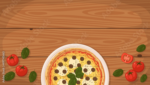 Detailed flat vector illustration of a delicious Chicago-Style Pizza on a plate surrounded with fresh ingredients. Room for text.