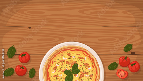 Detailed flat vector illustration of a delicious Italian style Pizza Frutti di Mare on a plate surrounded with fresh ingredients. Room for text.