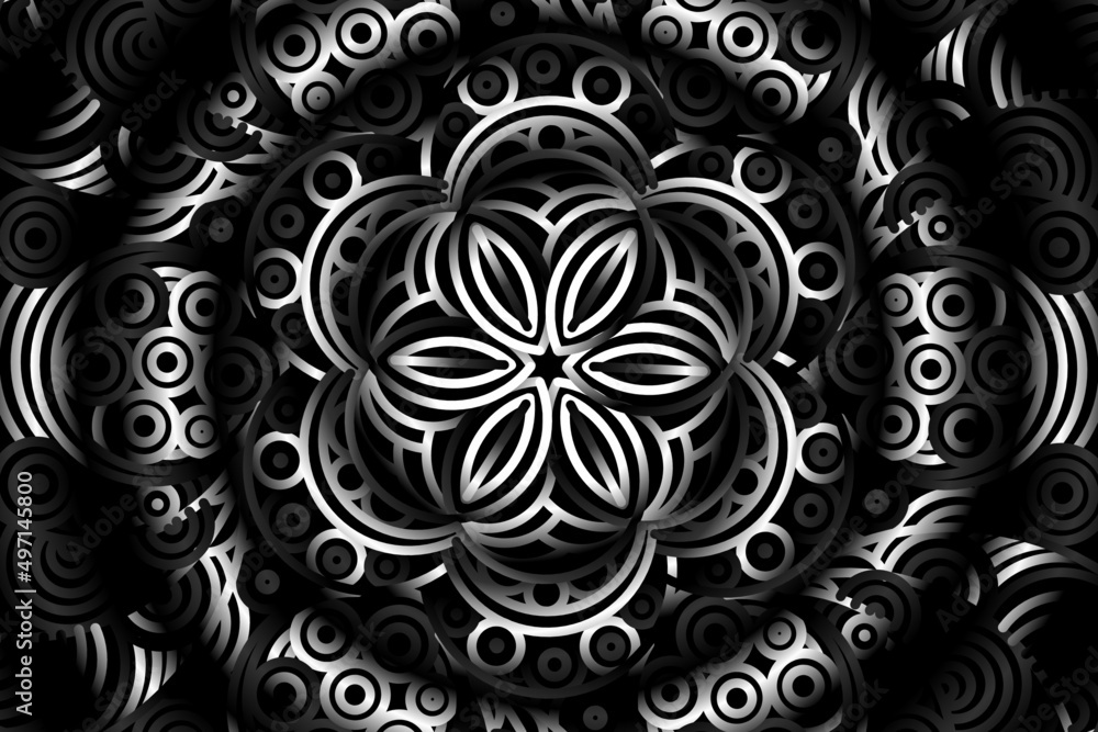 seamless circular circle  Black and white caleidoscope gradient flower art pattern of indonesian traditional tenun batik ethnic dayak ornament for wallpaper ads background 
