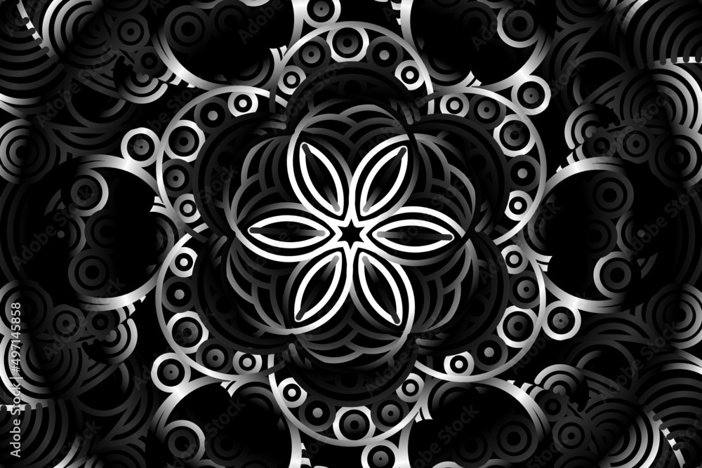 seamless circular circle  Black and white caleidoscope gradient flower art pattern of indonesian traditional tenun batik ethnic dayak ornament for wallpaper ads background 