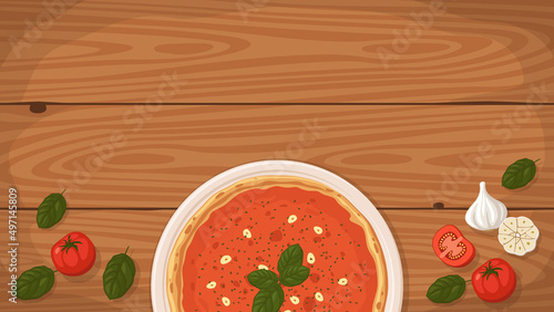 Detailed flat vector illustration of a delicious Italian style Pizza Marinara on a plate surrounded with fresh ingredients. Room for text.