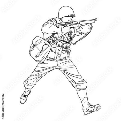 Soldier World War 2 vector line illustration