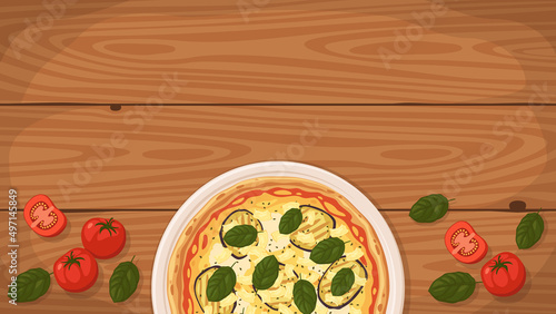 Detailed flat vector illustration of a delicious Italian style Pizza Parmigiana on a plate surrounded with fresh ingredients. Room for text.