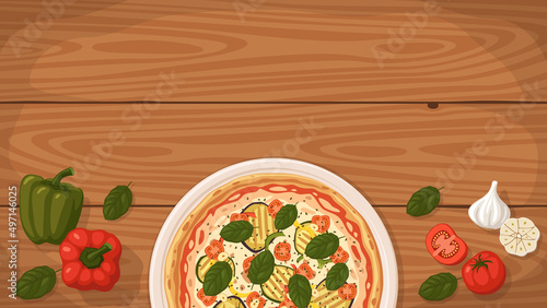 Detailed flat vector illustration of a delicious Italian style Pizza Vegetariana on a plate surrounded with fresh ingredients. Room for text.