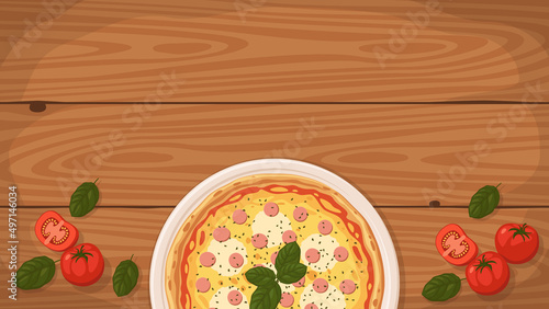 Detailed flat vector illustration of a delicious Italian style Pizza Viennese on a plate surrounded with fresh ingredients. Room for text.