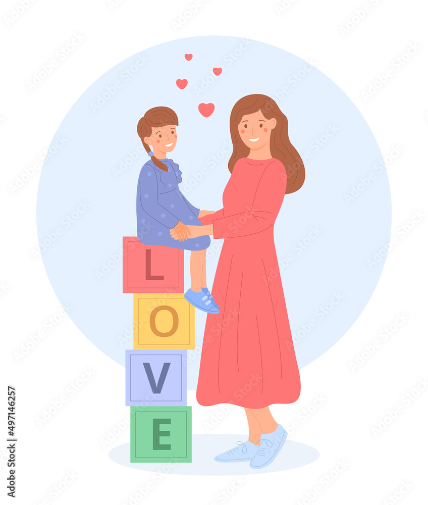 Young mom kid together, flat style. Happy mother standing next to his young daughter, who is sitting on cubbies. Family values. Cute illustration, isolated on white background. Young mom kid together, flat style. Happy mother standing next to his young daughter, who is sitting on cubbies. Family values. Cute illustration, isolated on white background.