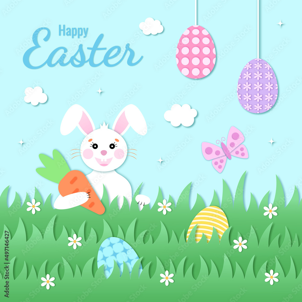 Easter card paper cut out concept. Easter Egg Hunt. White rabbit with a carrot on a green lawn. Brightly Easter eggs in the grass and on strings. A greeting card. Vector illustration. Easter card paper cut out concept. Easter Egg Hunt. White rabbit with a carrot on a green lawn. Brightly Easter eggs in the grass and on strings. A greeting card. Vector illustration.