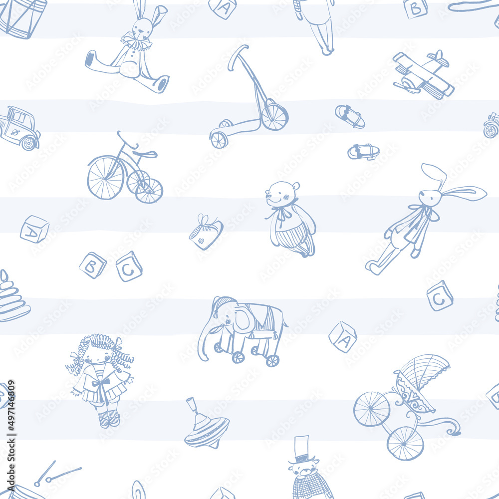 Seamless patterns of hand-drawn vintage toys on the background of wide stripes. Cute baby style. Stock vector illustration.