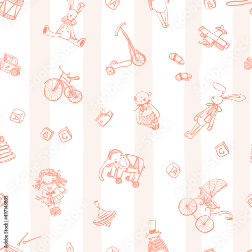 Seamless patterns of hand-drawn vintage toys on the background of wide pink stripes. Cute baby style. Stock vector illustration.