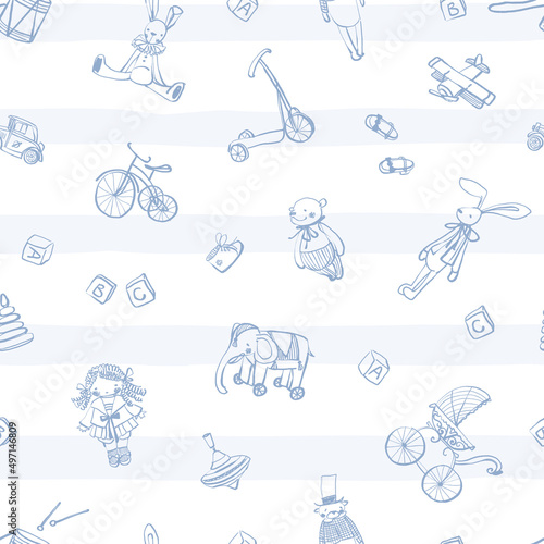 Seamless patterns of hand-drawn vintage toys on the background of wide stripes. Cute baby style. Stock vector illustration.