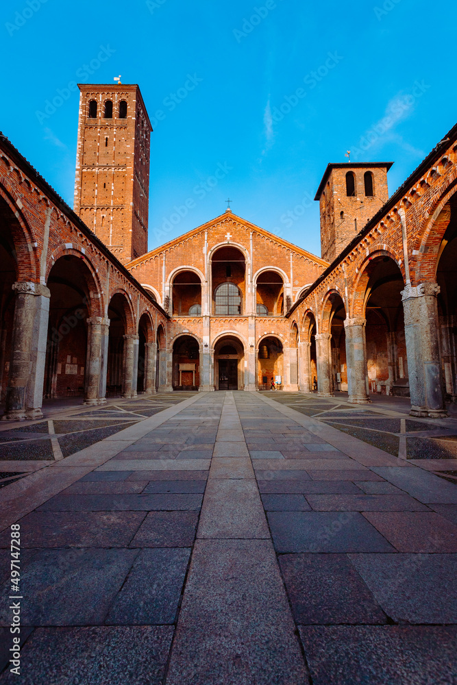 Wide view of the Basilica of Sant'Ambrogio, no people, vertical