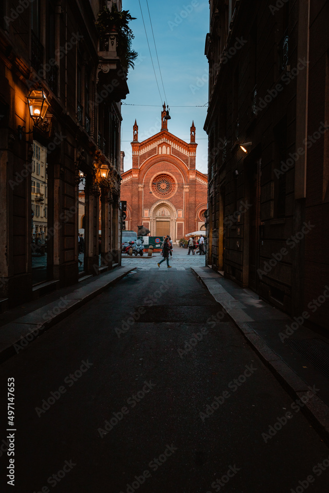 View of the church of Santa Maria del Carmine with people walking
