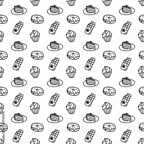 Vector hand drawn seamless pattern with different sweet icons isolated on white background. Doodle donut, cake, cupcake, chocolate wrap in line art style for a cafe decor. Adult and kids coloring page