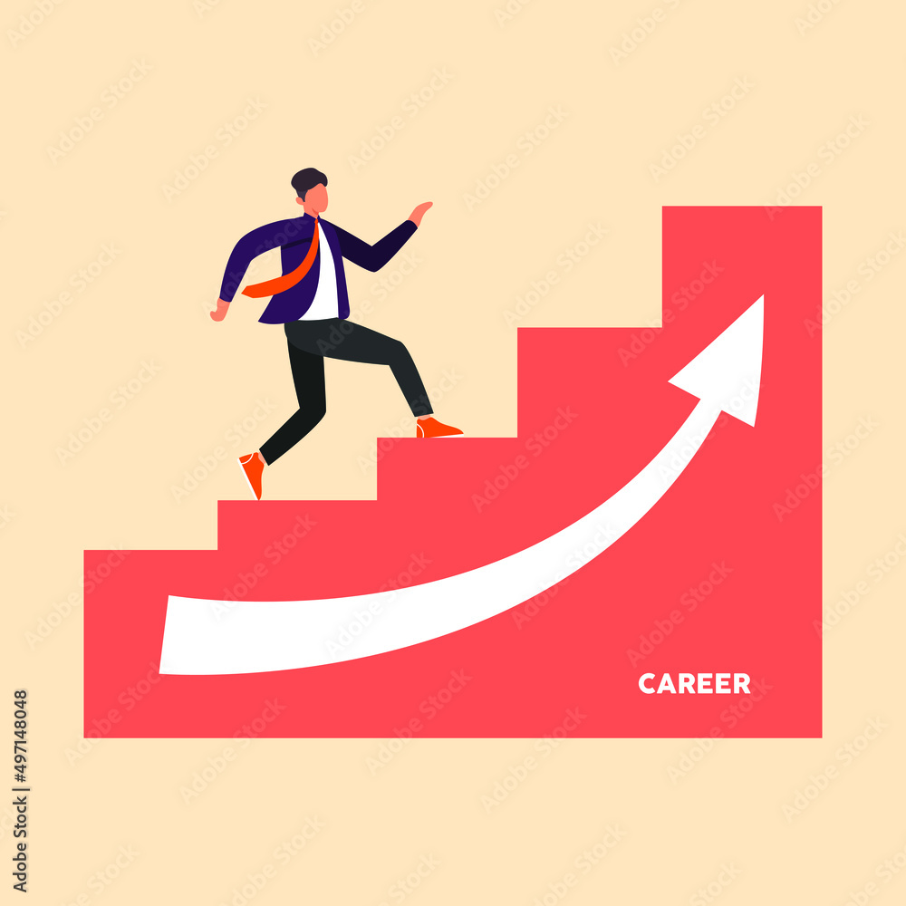 Fototapeta premium Businessman walking on stairs. career path or goal achievement. Colored flat graphic vector illustration.