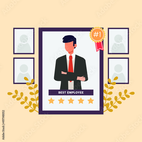 Employee of the month award photo frame. Best employee get five stars. Colored flat graphic vector illustration.