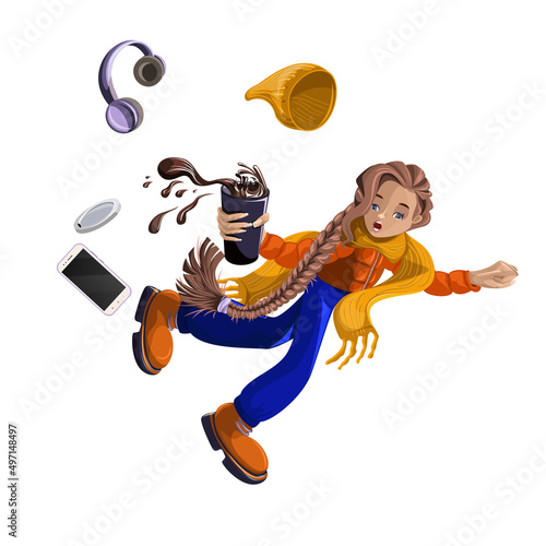 Vector image of a falling girl in dynamics and all the things that were with her. Concept reflecting the problem of life in gadgets. EPS 10