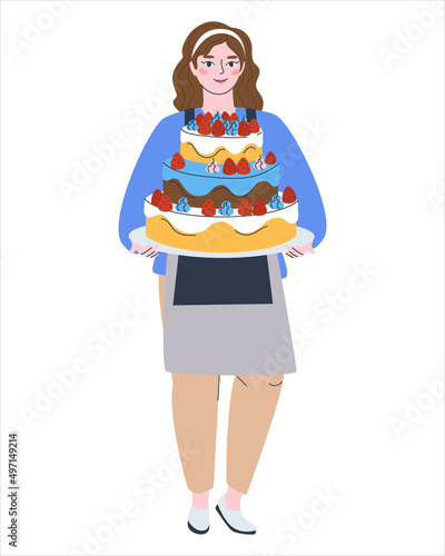 Girl confectioner stands with a cake. Home confectioner. Woman baker. Flat vector illustration. Eps10