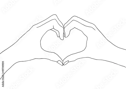 Support Ukraine. Heart from the palms of women's hands. Line drawing, flag of Ukraine, place for text.