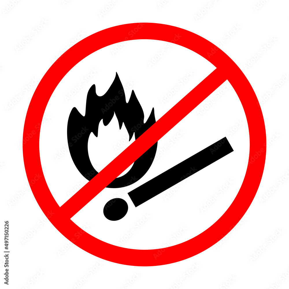 No open flame sign. No fire prohibition sign. Flat vector illustration, Match and flame No open flame sign. No fire prohibition sign. Flat vector illustration, Match and flame