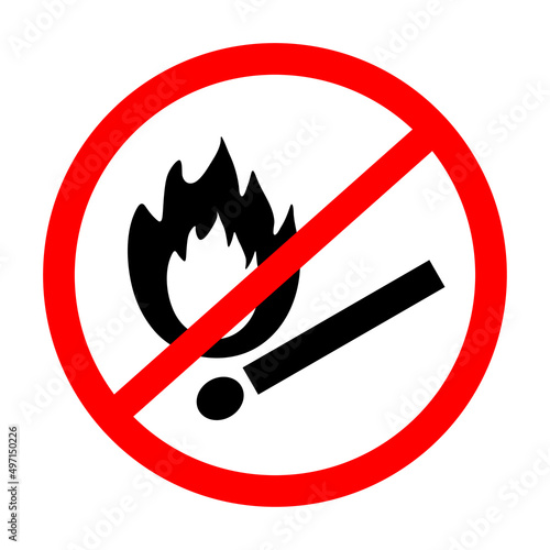 No open flame sign. No fire prohibition sign. Flat vector illustration, Match and flame