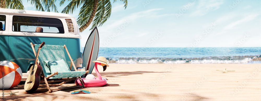Fototapeta Ready for summer travel. Blue van with deck chair and beach accessory 3D Rendering, 3D Illustration