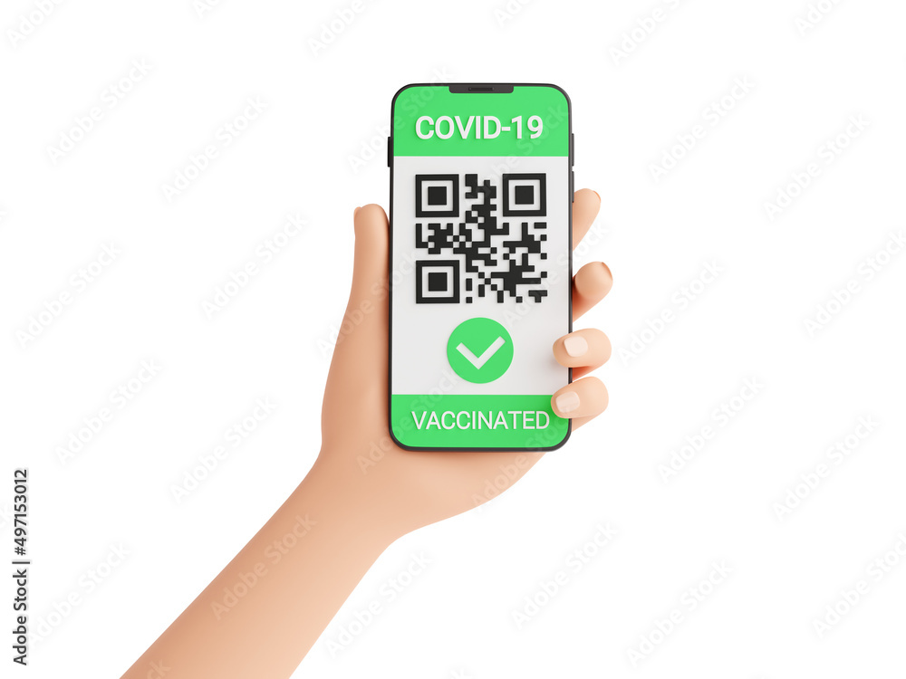 Green COVID vaccination certificate - qr code and check mark on mobile phone screen in human hand 3d render. Green COVID vaccination certificate - qr code and check mark on mobile phone screen in human hand 3d render.