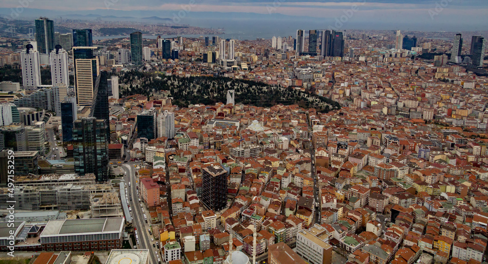 Residential buildings in Istanbul. Urban sprawl. Aerial view of Istanbul City in Turkey. 