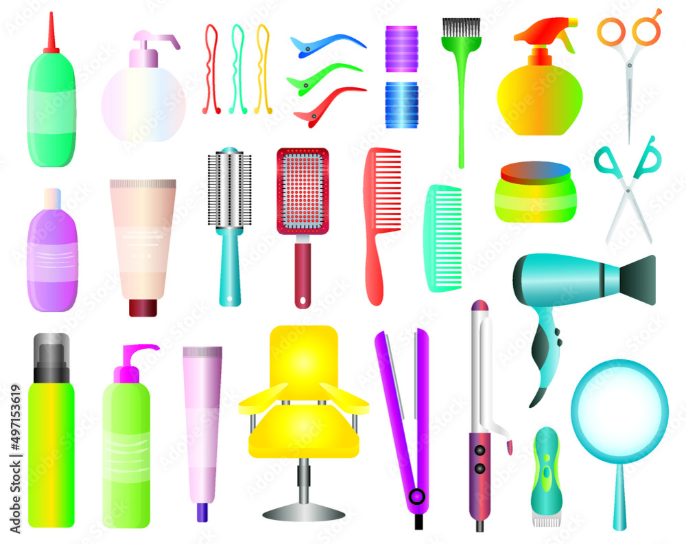 Colorful hair styling tools kit set isolated on white background. Accessories, shampoo, comb, hair curler, hairdryer, hair straightener, hairbrush, hairspray, mirror, hairpins ecc. Colorful hair styling tools kit set isolated on white background. Accessories, shampoo, comb, hair curler, hairdryer, hair straightener, hairbrush, hairspray, mirror, hairpins ecc.