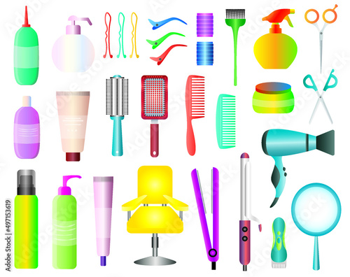 Colorful hair styling tools kit set isolated on white background. Accessories, shampoo, comb, hair curler, hairdryer, hair straightener, hairbrush, hairspray, mirror, hairpins ecc.