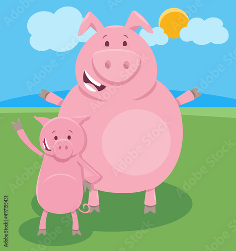 happy cartoon pig farm animal character with little piglet