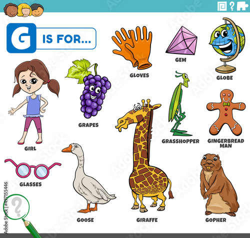 letter g words educational set with cartoon characters