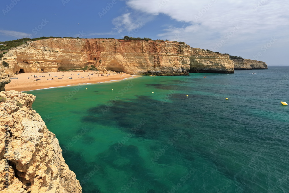 Praia de Benagil Beach-golden sands-green water-coastal cliff-caves and holes. Algarve-Portugal-184