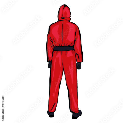 Man dressed in red clothes, back position. 