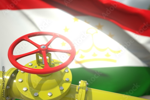 Pipe valve close-up and flag of Tajikistan, 3d rendering