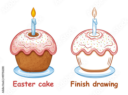 Holiday Easter cake with candle children coloring book page, finish drawing. Festive glaze cupcake. Christian bread pie on plate. Sweet dessert pastry. Kids colouring. Creative education game. Vector