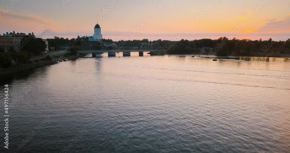 Vyborg, Russia aerial view at medieval saint Olaf castle in the island. City view at sunset in summer Vyborg, Russia aerial view at medieval saint Olaf castle in the island. City view at sunset in summer