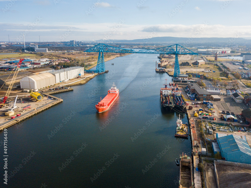Naklejka premium view of the port of Teesside with the transporter bridge and ship