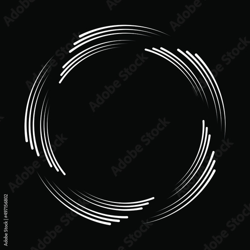 White curved speed lines in ring form. Trendy design element for frame, round technology logo, sign, symbol, web, prints, posters, template, pattern and abstract background