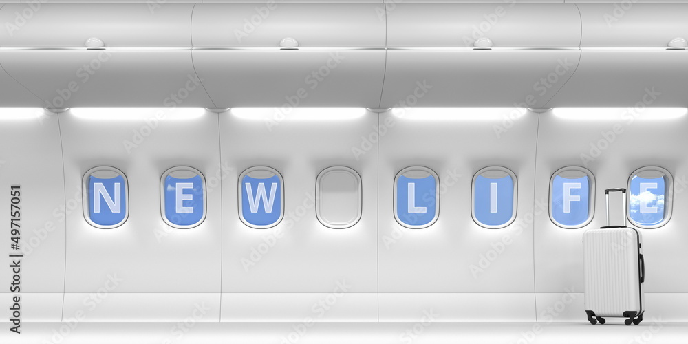 New life text on an airplane portholes. 3d rendering New life text on an airplane portholes. 3d rendering