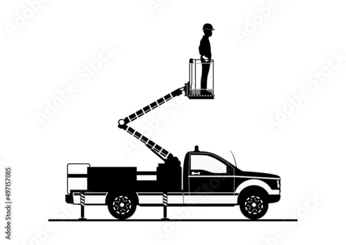 Silhouette of cherry picker. Side view of aerial work platform with operator. Vector.