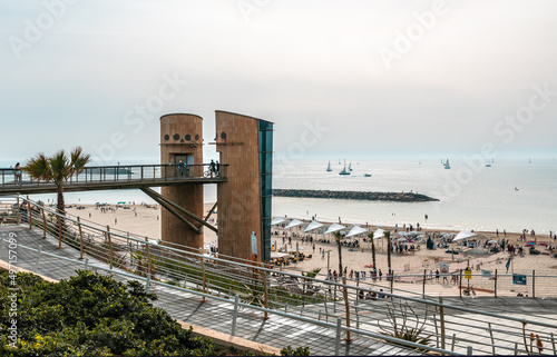 HERZLIYA Beach, ISRAEL - APRIL 5, 2022; A View of the elevators and bridge to the ACADIA coastline.