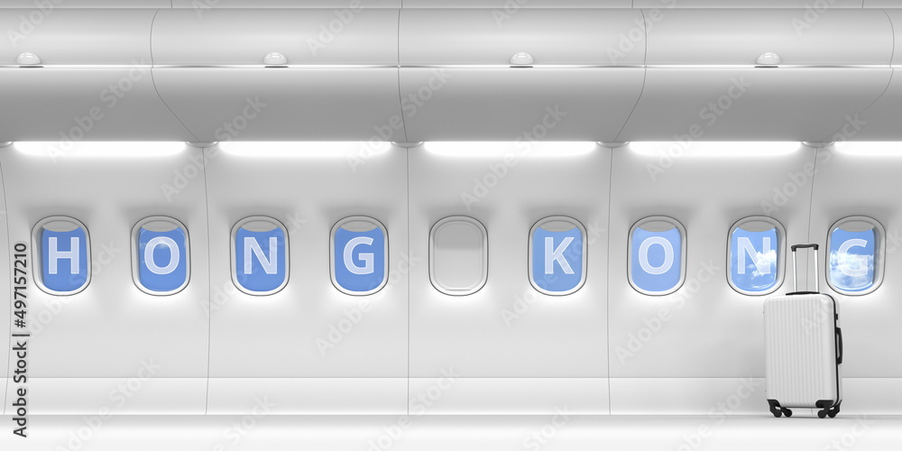 Plane portholes with HONG KONG text, 3d rendering Plane portholes with HONG KONG text, 3d rendering