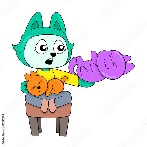 the squirrel is sitting petting the cat sleeping, doodle icon image kawaii