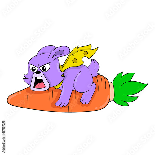 aggressive bunny riding a giant carrot, doodle icon image kawaii