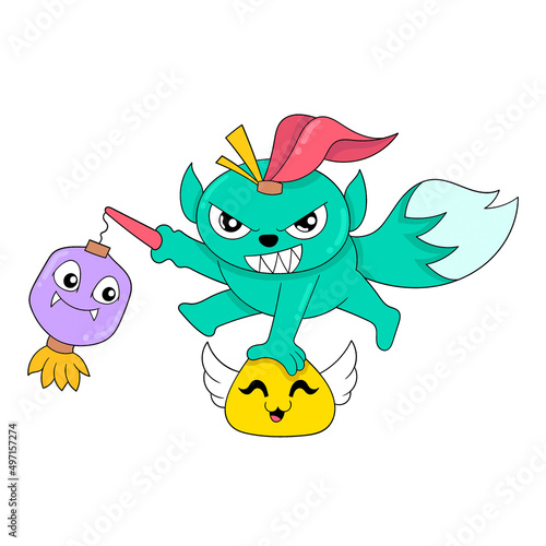 aggressive cute creature holding a night lantern, doodle icon image kawaii