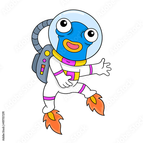 alien wearing astronaut suit in space, doodle icon image kawaii